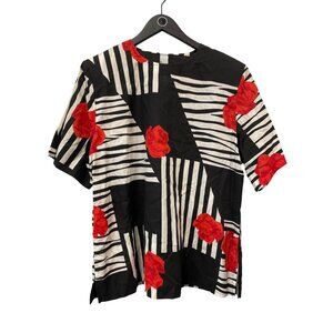 Vintage Binder Sportswear Striped Floral Blouse Size 16 Black Red Deadstock NEW